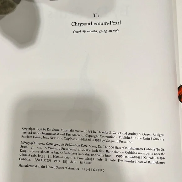 VINTAGE RARE COPY of DR. SUESS’S ‘THE 500 HATS of BARTHOLOMEW CUBBINS’ BOOK